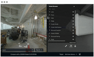 Compare as-built scenes with a live 3D BIM